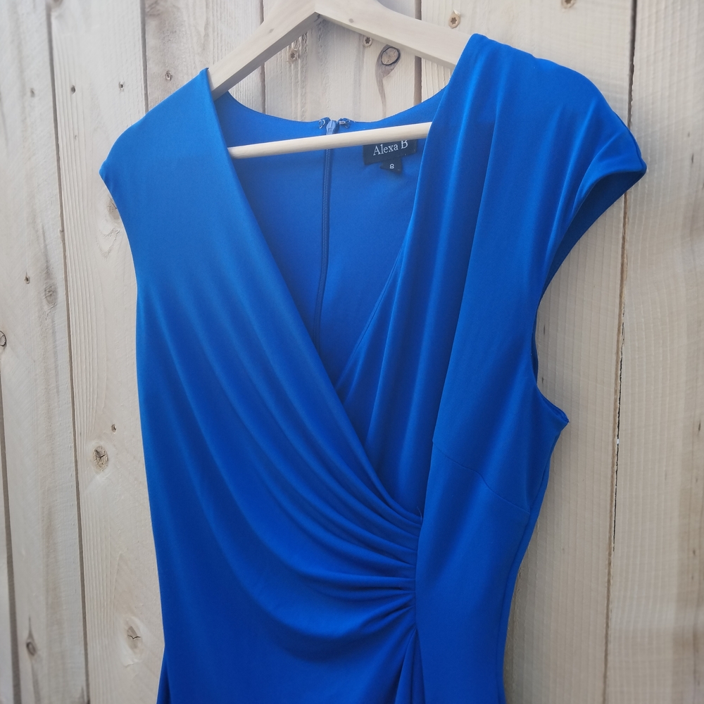 Alexa B Royal Blue Faux-Wrap Midi Dress Women's Size 8 V-Neck - Picture 3 of 14